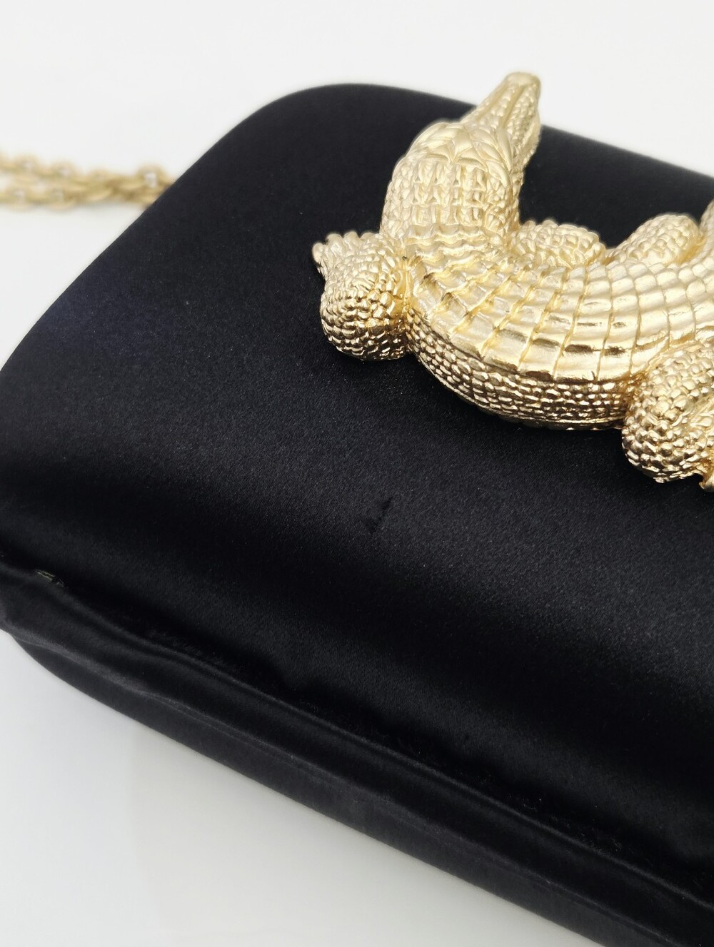 VINTAGE BARRY KIESELSTEIN-CORD BLACK SATIN EVENING BAG CLUTCH WITH ALLIGATOR - Picture 9 of 9